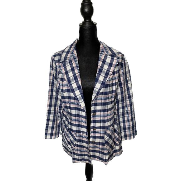Avon Family Fashions Plaid Linen Open Jacket VTG Button Up Pink & Blue Cottage - Picture 1 of 11